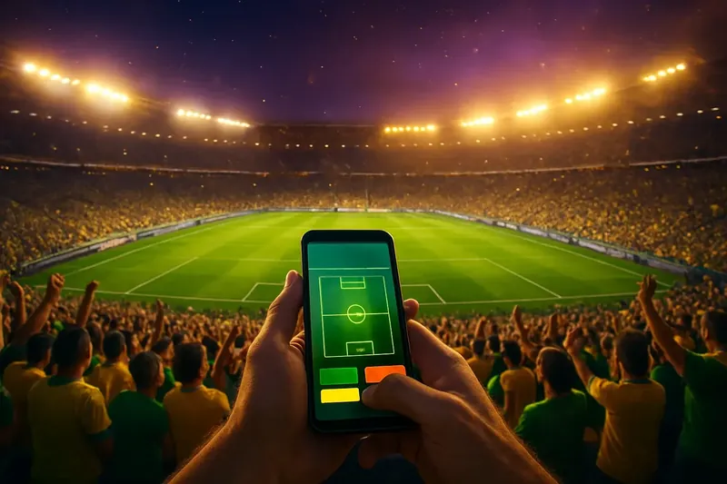 Estádio lotado à noite com celular exibindo promoção de apostas ao vivo