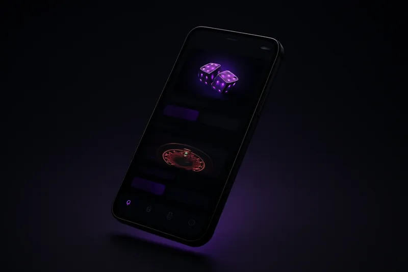 Smartphone moderno exibindo app de cassino premium com interface escura roxa