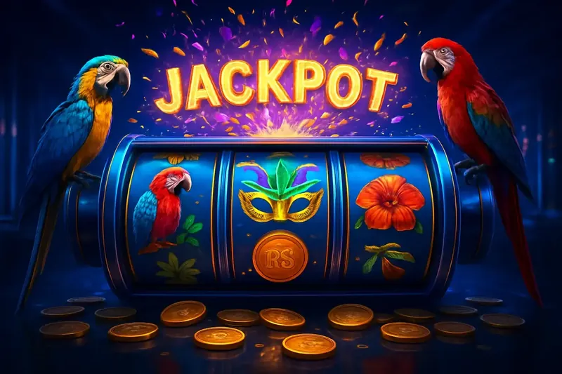 Cena vibrante de caça-níqueis brasileiro com símbolos tropicais e jackpot