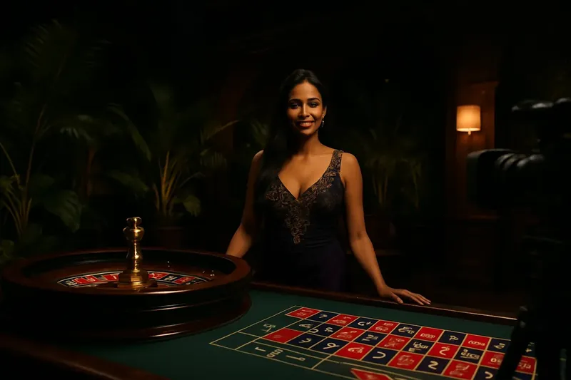 Dealer brasileira profissional em mesa de roleta com ambiente luxuoso tropical