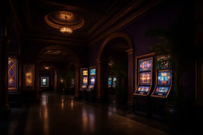 Lobby de cassino brasileiro com detalhes roxos, dourados e telas iluminadas