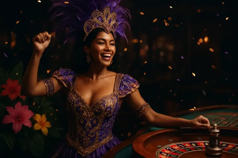 Mulher brasileira elegante celebra em cassino luxuoso com roleta e confetes